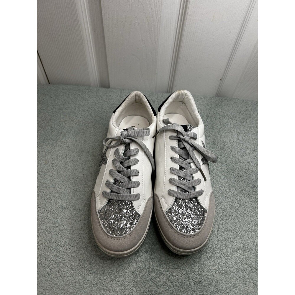 Women’s White Glitter Star Low Top Sneakers Size US 9.5 EU 40 Lace Up